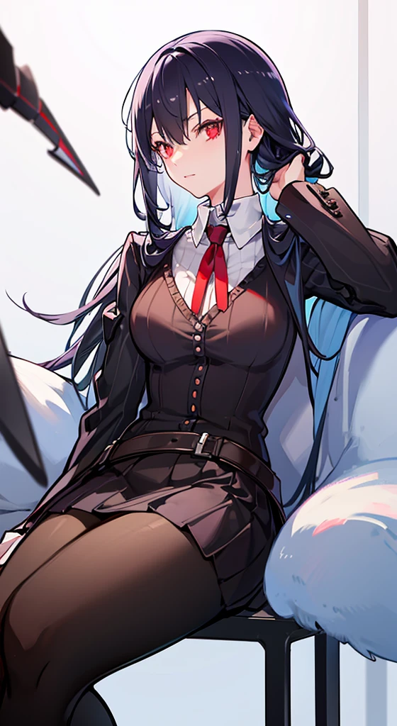 Girl with long white hair, red eyes, sitting on a guy with long black hair