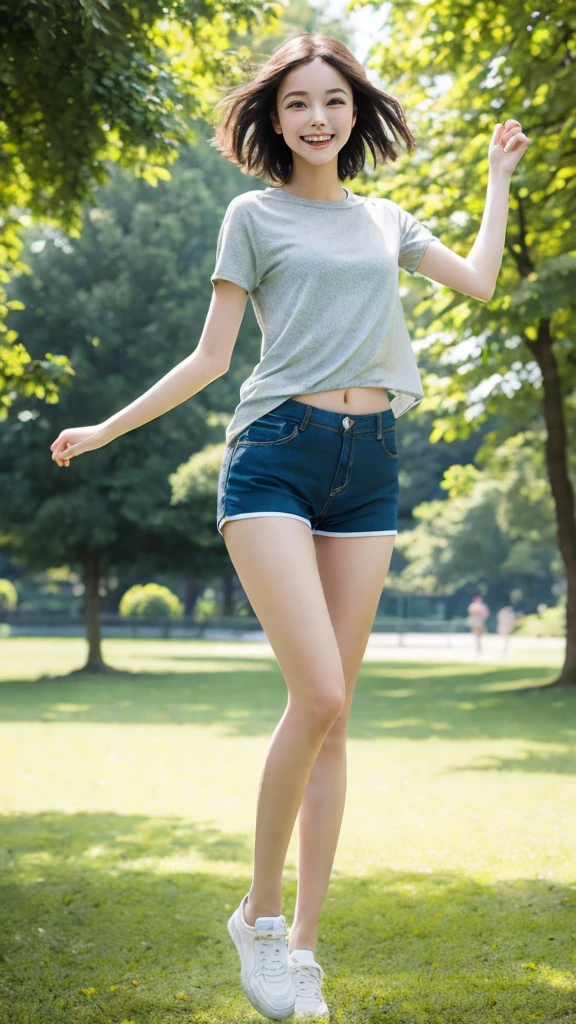 young girl, resembling the model in the provided image, with E cup size, wearing light clothing and shorts, standing in a park, bright and sunny day, greenery and trees around, casual and relaxed atmosphere, neat and fresh look, short hair, smiling brightly, in a lively and dynamic pose with legs spread, capturing an energetic moment, outdoors