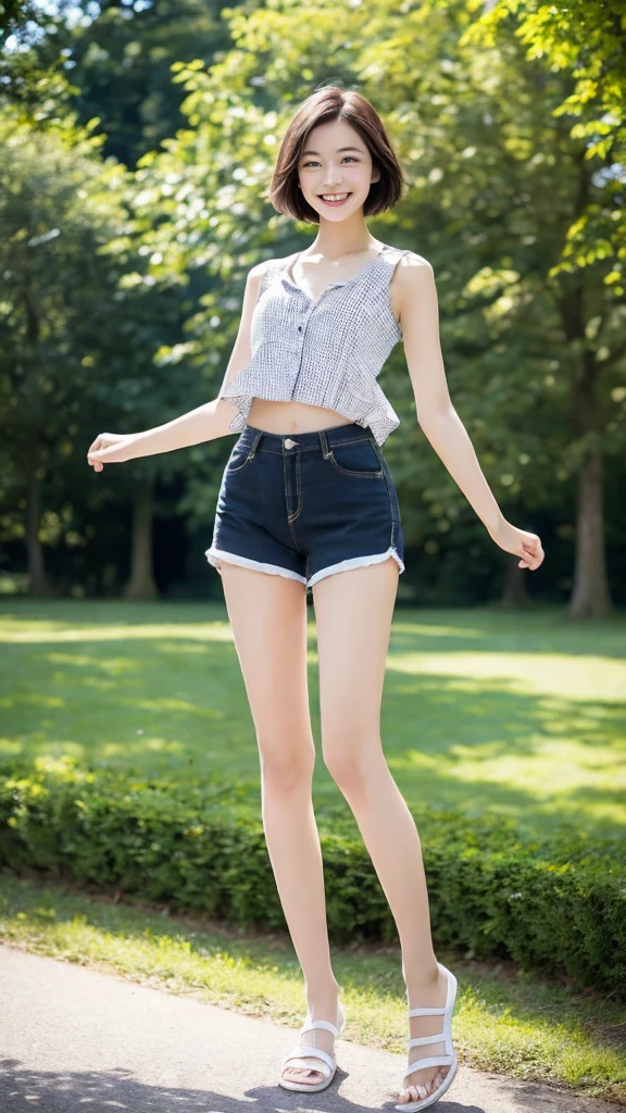 young girl, resembling the model in the provided image, with E cup size, wearing light clothing and shorts, standing in a park, bright and sunny day, greenery and trees around, casual and relaxed atmosphere, neat and fresh look, short hair, smiling brightly, in a lively and dynamic pose with legs spread, capturing an energetic moment, outdoors