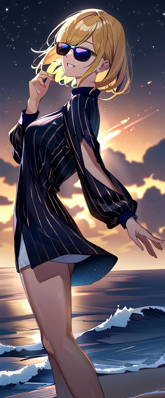 ((sea, beach)), out door, bare legs, ((A meteor shower dancing in the night sky, countless stars twinkling in the clear air)), (((sunglasses, hand to sunglasses))), (((cowboy shot))), ((wavy hair, inward curled hair)), ((night)), ((blond hair, bob cut:1.3)), breasts, teenager, (looking at viewer), oversized clothes, puffy long sleeves, ((off-shoulder sweater:1.3, Quite thick shoulder straps)), ((black sweater)), collarbone, head tilt:1.3, (((blue eyes))), ((happy smile)), (((anime style))), (best quality, 4K, 8K, highres, masterpiece:1.2, ultra-detailed, ultra-detailed eyes, HDR, uhd, studio lighting, ultra-fine painting, sharp focus, physically-based rendering, extreme detail description, professional, vivid colors, bokeh)