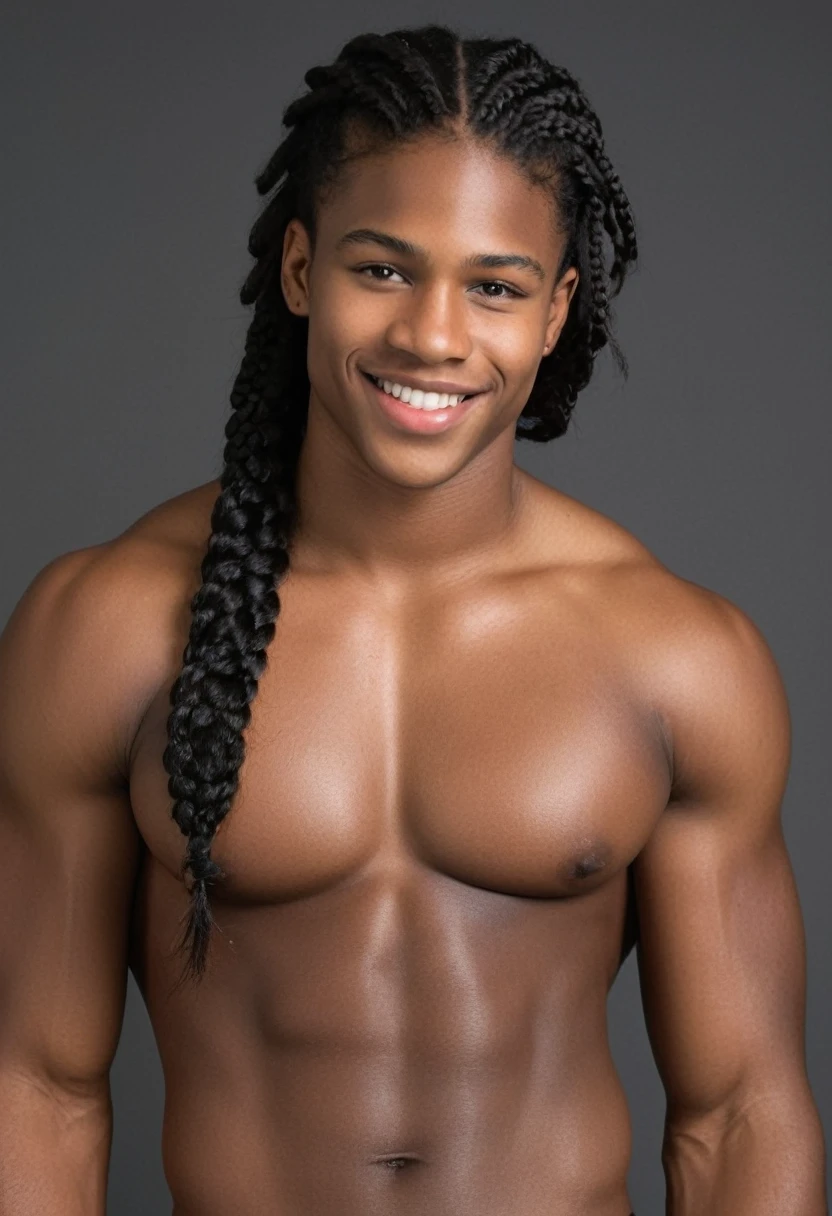 16 year old teenager, defined musculature, extremely dark black skin, brown brown eyes, rectangular face, shoulder-length curly medium black hair with stylish nagô braids, thick lips, double chin, defined jaw, six pack abs, wearing no shirt, convinced smile, stylish, appealing, sensuous, chest hair, young boy, Adam&#39;s apple prominent on the neck, , wearing tight short shorts.