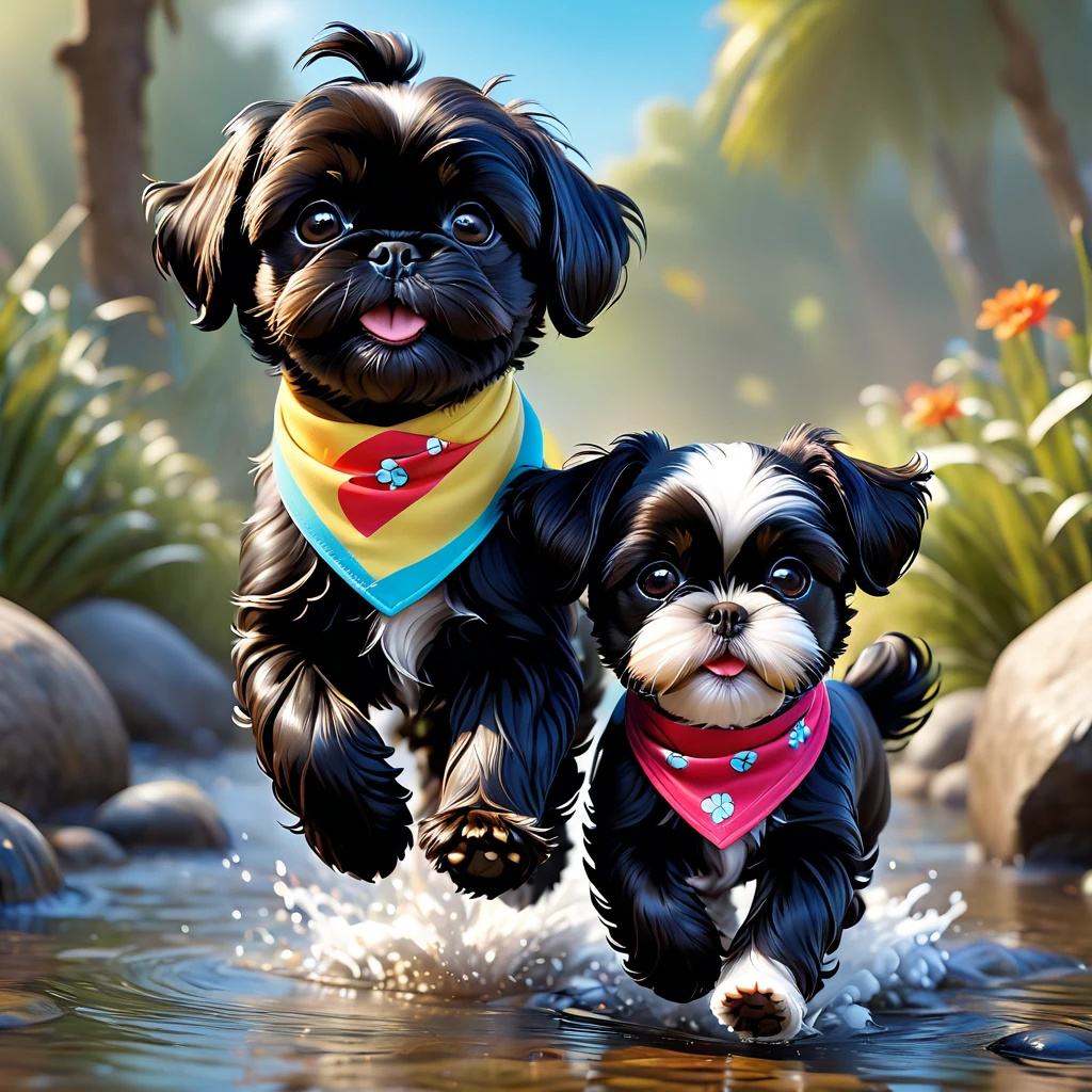 2 adorable small black shih tzu puppies,wearing bright bandannas and sunglasses,running in creek,disney background,3d cartoon,3d render,disney pixar style,(best quality,4k,8k,highres,masterpiece:1.2),ultra-detailed,(realistic,photorealistic,photo-realistic:1.37),hdr,studio lighting,extreme detail description,vivid colors,cute,whimsical,playful