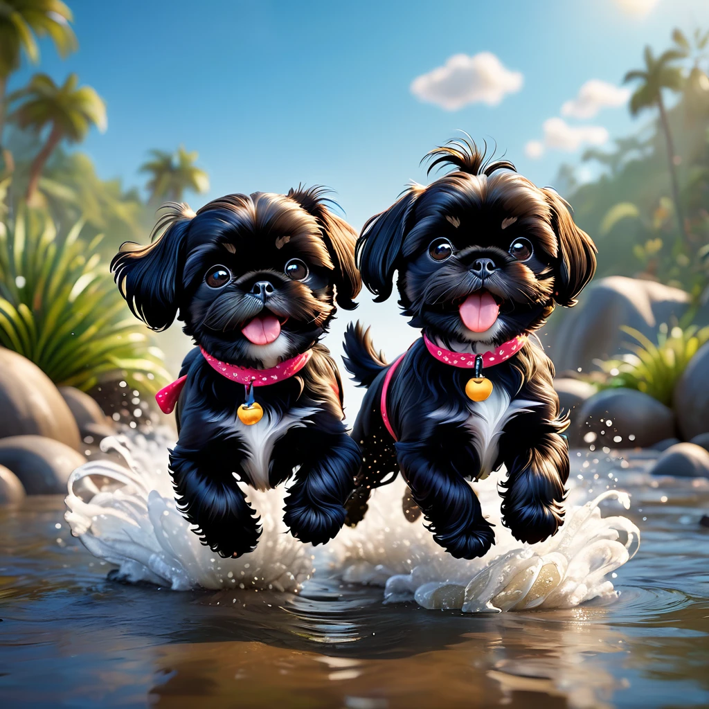 2 adorable small black shih tzu puppies,wearing bright bandannas and sunglasses,running in creek,disney background,3d cartoon,3d render,disney pixar style,(best quality,4k,8k,highres,masterpiece:1.2),ultra-detailed,(realistic,photorealistic,photo-realistic:1.37),hdr,studio lighting,extreme detail description,vivid colors,cute,whimsical,playful