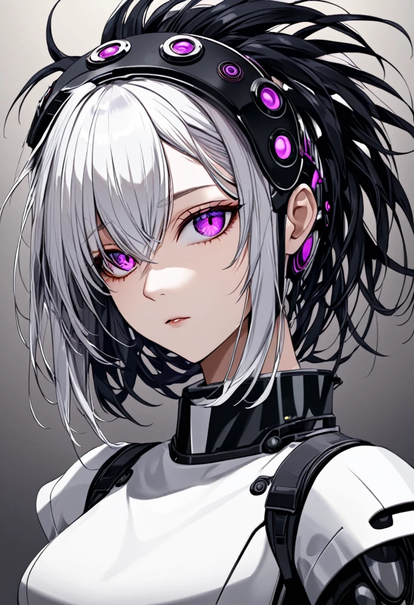 Personnage Hybride Humain - Cyborg : Un personnage hybride avec des caractéristiques cyborgs comme les membres de son corps et humaines comme son visage inspiré par les images précédentes aux cheveux violets. Ils ont des yeux parfaitement dessinés, des cheveux avec des rayonnements légers de blanc ou dorés, et une fourrure détaillée avec des nuances de noir, blanc et gris. Le fond est sombre, mettant en valeur les détails du personnage. Chef d'oeuvre; haute qualité, 8K, fille éblouissante, habillée très vintage en noir, blanc, gris et doré; aux yeux parfaits et égaux, des cheveux avec des rayonnements légers de blanc, dorés et rouge-fucsia, bordeaux; le thème des motifs tourbillonnants en noir et blanc émanant de ses cheveux et ses épaules reste!, conserver l'esthétique à contraste élevé avec un fond sombre, continuité en le design. Le background est toujours noir ou sombre mettre en valeur le personnage qui regarde le spectateur, au regarde doux et tendre.