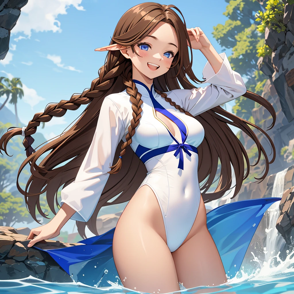 (masterpiece:1.4、top-quality、illustration:1.4,realistic、)、(character focus、breast focus,upper body)、(1girl),(Open mouth happy grin:1.3),(half closed eyes),cute face,blue eyes、(hand on own hip:1.3)、
,(stand:1.4),(Shining smile),
,(slender),(rash guard),(braid,long brown hair:1.6), (small breasts)、
、slender、pool,、