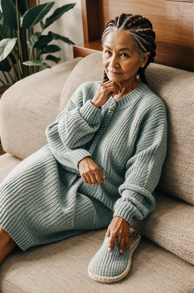 A person between 60 and 70 years old Grandma, coconut mom type with braids, a Worsted Sweater Slippers 
