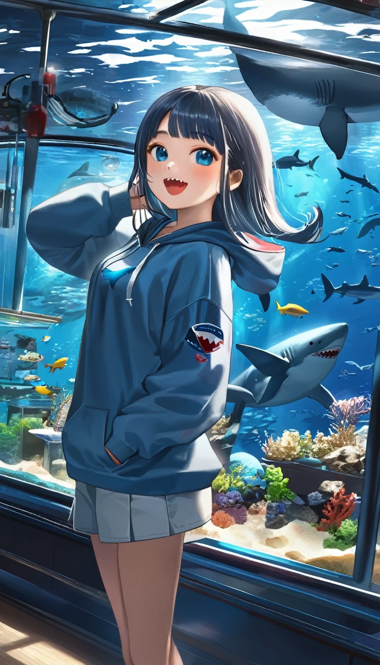 Highest quality、masterpiece:1.3、Perfect Anatomy、One Girl、１２talent、Shark-chan、かわいいShark-chan、Shark-themed hoodie、Shark teeth on the hood、Wearing a hood、Light Blue Hoodie、Girl with open mouth、Sharp teeth、Shark themed hoodie、Light blue culottes、Random pose、break、aquarium、Large aquarium、美ら海aquarium、Highly detailed whale shark、A whale shark swimming gracefully in the tank、暗いaquarium、Low light、