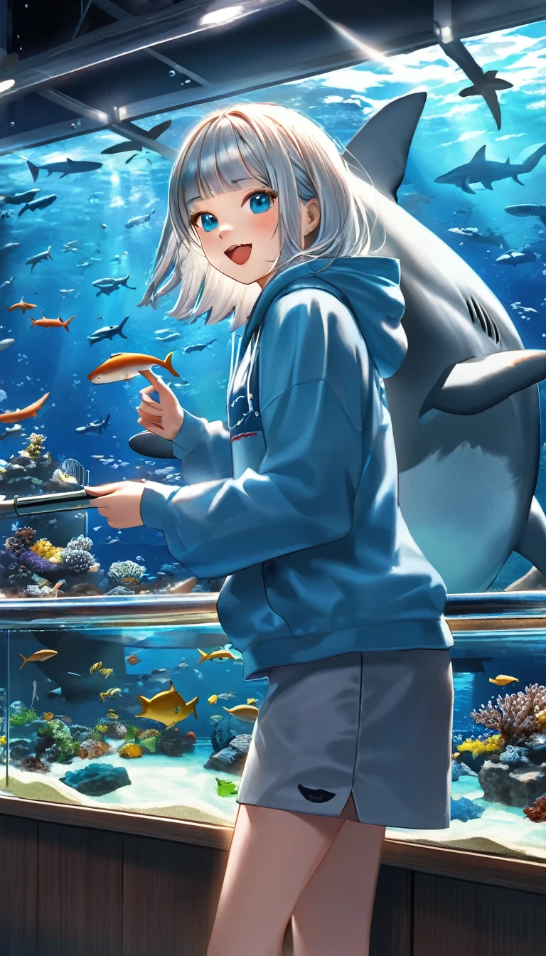 Highest quality、masterpiece:1.3、Perfect Anatomy、One Girl、12talent、Shark-chan、かわいいShark-chan、Shark-themed hoodie、Shark teeth on the hood、Wearing a hood、Light Blue Hoodie、Girl with open mouth、Sharp teeth、Shark themed hoodie、Light blue culottes、Random pose、break、aquarium、Large aquarium、美ら海aquarium、Highly detailed whale shark、A whale shark swimming gracefully in the tank、暗いaquarium、Low light、