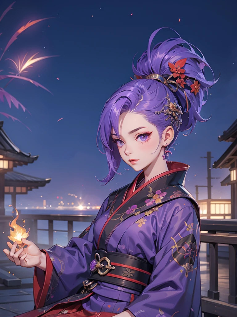 Ixia mobile legends kimono night fire work , purple hair, short hair