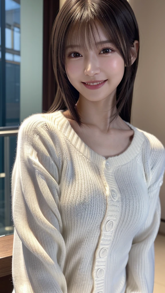 1 Japanese girl,(White sweater:1.4), (RAW Photos, highest quality), (Realistic, Realistic:1.4), Tabletop, Very delicate and beautiful, Very detailed, 8k wallpaper, wonderful, In detail, Very detailedなCG Unity, High resolution, Soft Light, Beautiful details 19 years old, Very detailedな目と顔, Beautiful and sophisticated nose, Beautiful details,Cinema Lighting,Perfect Anatomy,Slender body,smile (Asymmetrical bangs,)