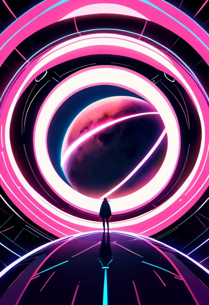 A minimalist shot of a symmetrical neon planet and its rings, Highlighting the sleek, futuristic aesthetic of the scene