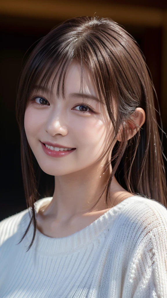 1 Japanese girl,(White sweater:1.4), (RAW Photos, highest quality), (Realistic, Realistic:1.4), Tabletop, Very delicate and beautiful, Very detailed, 8k wallpaper, wonderful, In detail, Very detailedなCG Unity, High resolution, Soft Light, Beautiful details 19 years old, Very detailedな目と顔, Beautiful and sophisticated nose, Beautiful details,Cinema Lighting,Perfect Anatomy,Slender body,smile (Asymmetrical bangs,)