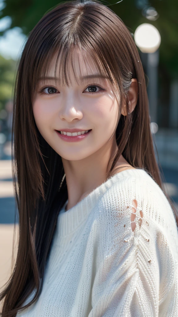 1 Japanese girl,(White sweater:1.4), (RAW Photos, highest quality), (Realistic, Realistic:1.4), Tabletop, Very delicate and beautiful, Very detailed, 8k wallpaper, wonderful, In detail, Very detailedなCG Unity, High resolution, Soft Light, Beautiful details 19 years old, Very detailedな目と顔, Beautiful and sophisticated nose, Beautiful details,Cinema Lighting,Perfect Anatomy,Slender body,smile (Asymmetrical bangs,)