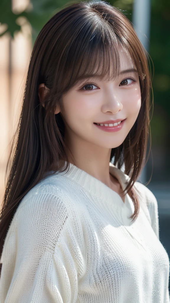 1 Japanese girl,(White sweater:1.4), (RAW Photos, highest quality), (Realistic, Realistic:1.4), Tabletop, Very delicate and beautiful, Very detailed, 8k wallpaper, wonderful, In detail, Very detailedなCG Unity, High resolution, Soft Light, Beautiful details 19 years old, Very detailedな目と顔, Beautiful and sophisticated nose, Beautiful details,Cinema Lighting,Perfect Anatomy,Slender body,smile (Asymmetrical bangs,)