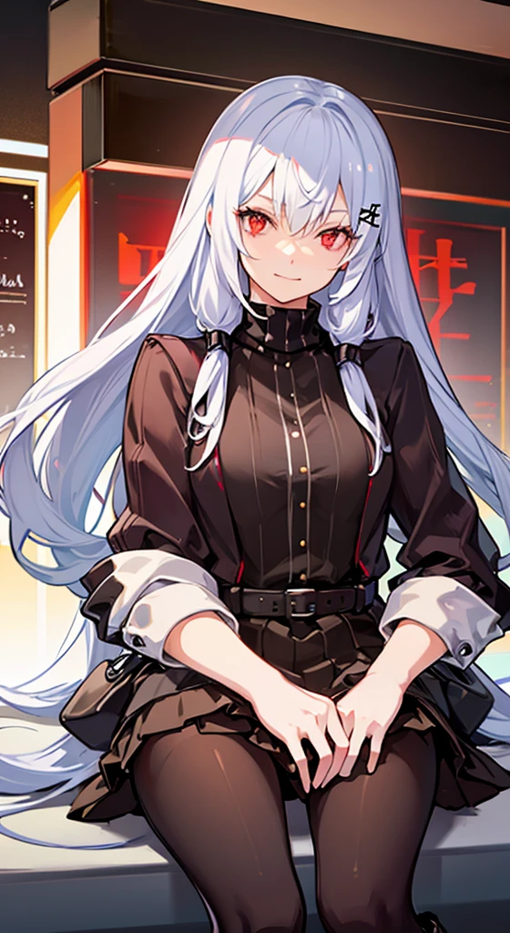 Girl with long white hair, red eyes, sitting on a guy
