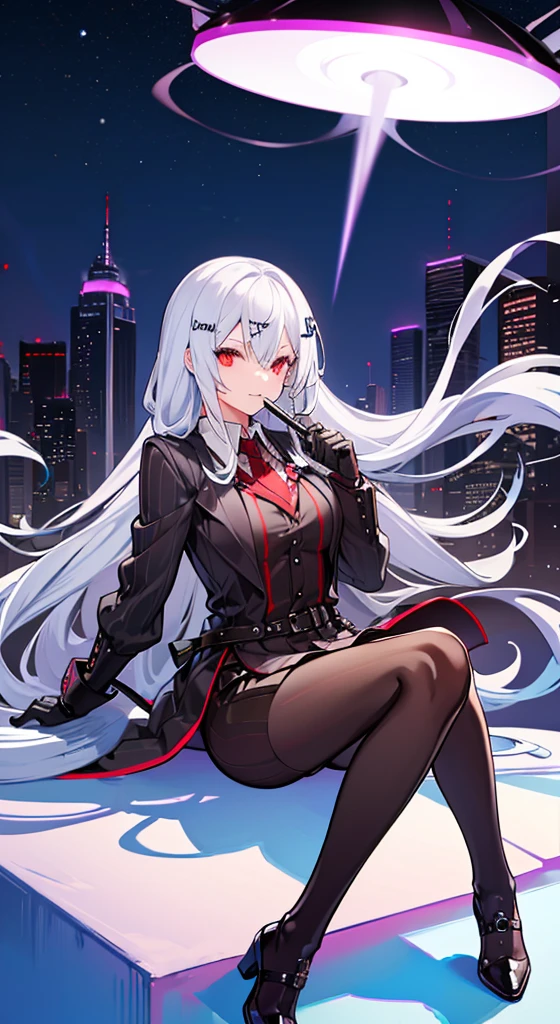 Girl with long white hair, red eyes, sitting on a guy