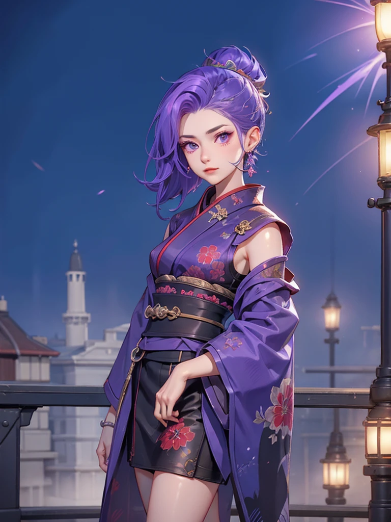Ixia mobile legends kimono night fire work , purple hair, short hair