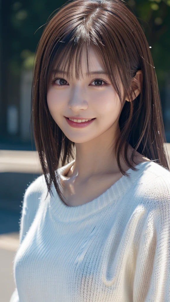 1 Japanese girl,(White sweater:1.4), (RAW Photos, highest quality), (Realistic, Realistic:1.4), Tabletop, Very delicate and beautiful, Very detailed, 8k wallpaper, wonderful, In detail, Very detailedなCG Unity, High resolution, Soft Light, Beautiful details 19 years old, Very detailedな目と顔, Beautiful and sophisticated nose, Beautiful details,Cinema Lighting,Perfect Anatomy,Slender body,smile  (Asymmetrical bangs,)