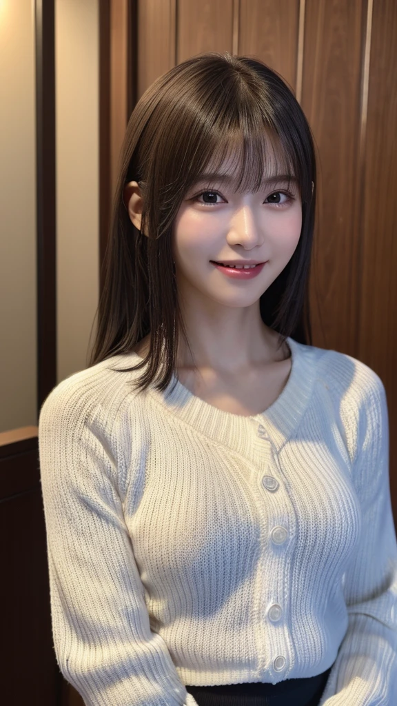 1 Japanese girl,(White sweater:1.4), (RAW Photos, highest quality), (Realistic, Realistic:1.4), Tabletop, Very delicate and beautiful, Very detailed, 8k wallpaper, wonderful, In detail, Very detailedなCG Unity, High resolution, Soft Light, Beautiful details 19 years old, Very detailedな目と顔, Beautiful and sophisticated nose, Beautiful details,Cinema Lighting,Perfect ???????,Slender body,smile  (Asymmetrical bangs,)