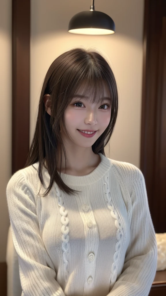 1 Japanese girl,(White sweater:1.4), (RAW Photos, highest quality), (Realistic, Realistic:1.4), Tabletop, Very delicate and beautiful, Very detailed, 8k wallpaper, wonderful, In detail, Very detailedなCG Unity, High resolution, Soft Light, Beautiful details 19 years old, Very detailedな目と顔, Beautiful and sophisticated nose, Beautiful details,Cinema Lighting,Perfect Anatomy,Slender body,smile  (Asymmetrical bangs,)