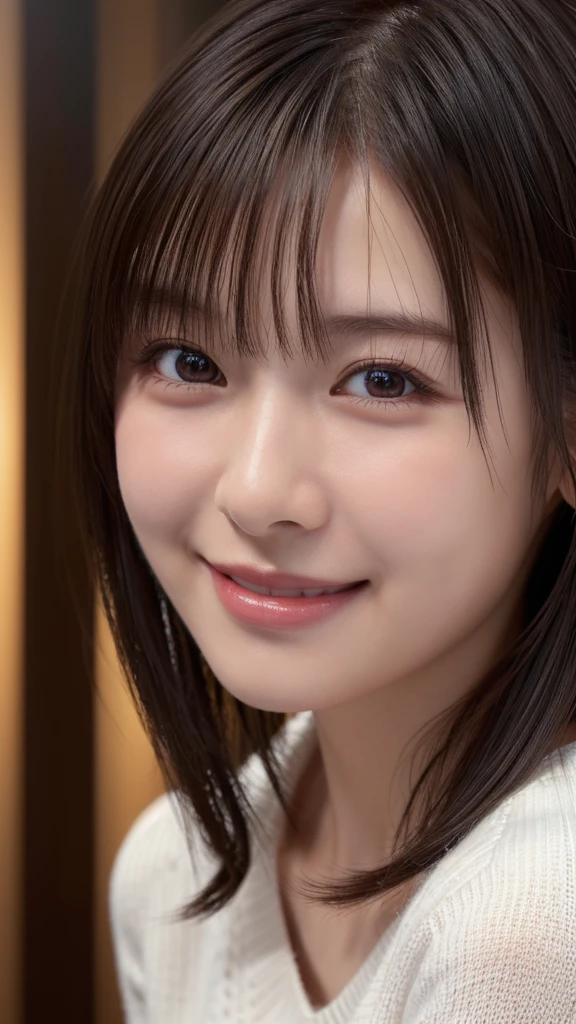 1 Japanese girl,(White sweater:1.4), (RAW Photos, highest quality), (Realistic, Realistic:1.4), Tabletop, Very delicate and beautiful, Very detailed, 8k wallpaper, wonderful, In detail, Very detailedなCG Unity, High resolution, Soft Light, Beautiful details 19 years old, Very detailedな目と顔, Beautiful and sophisticated nose, Beautiful details,Cinema Lighting,Perfect Anatomy,Slender body,smile  (Asymmetrical bangs,)