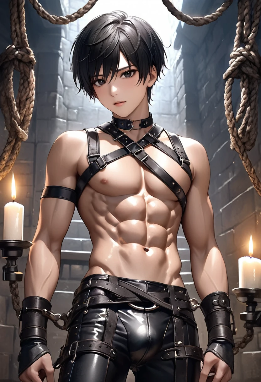 high quality, detailed, Realistic, (19 years old japanese idol slave boy), (detailed black eyes), (black short hair), (abs:1.5), (shiny skin), (leather bondage), dungeon, harness, (leather tiny thongs), (bulge:1.2), candle, (detailed puffy nipples), (detailed areola),