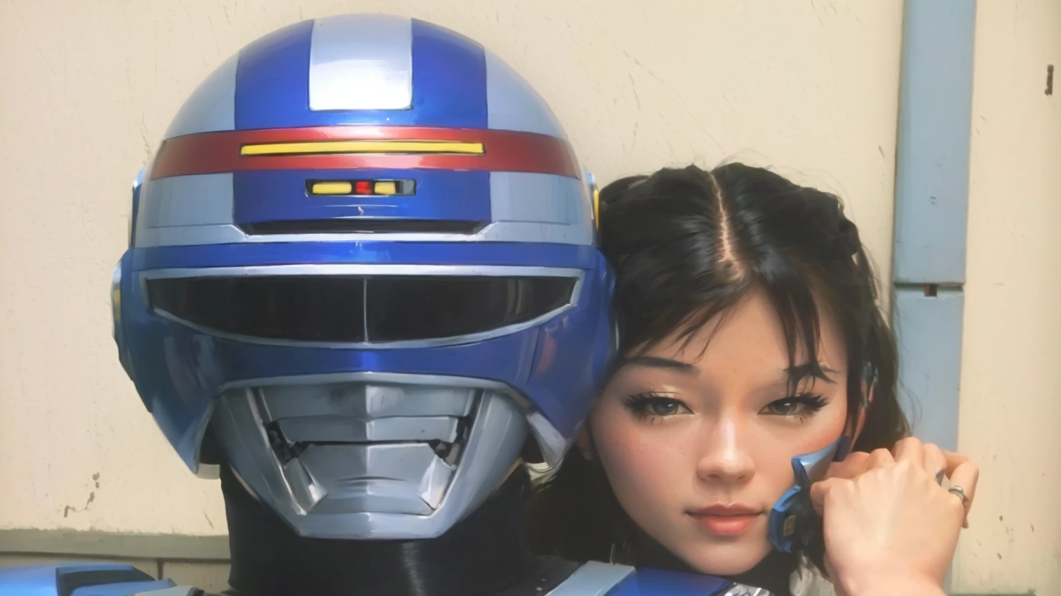 puffy woman with blue helmet and blue shirt, tokusatsu, with futuristic gear and helmet, the robot wearing his human mask, totally robotic!! Kizi, japanese cyborg, 80's japanese photo, toei, with robot dragon head, tokusatsu suit vaporwave, Like a retro futuristic heroine, Gum crisis, blue cyborg