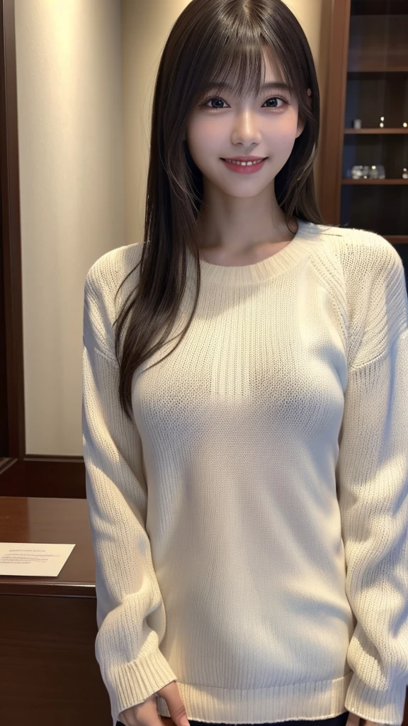 1 Japanese girl,(White sweater:1.4), (RAW Photos, highest quality), (Realistic, Realistic:1.4), Tabletop, Very delicate and beautiful, Very detailed, 8k wallpaper, wonderful, In detail, Very detailedなCG Unity, High resolution, Soft Light, Beautiful details 19 years old, Very detailedな目と顔, Beautiful and sophisticated nose, Beautiful details,Cinema Lighting,Perfect Anatomy,Slender body,smile  (Asymmetrical bangs,)