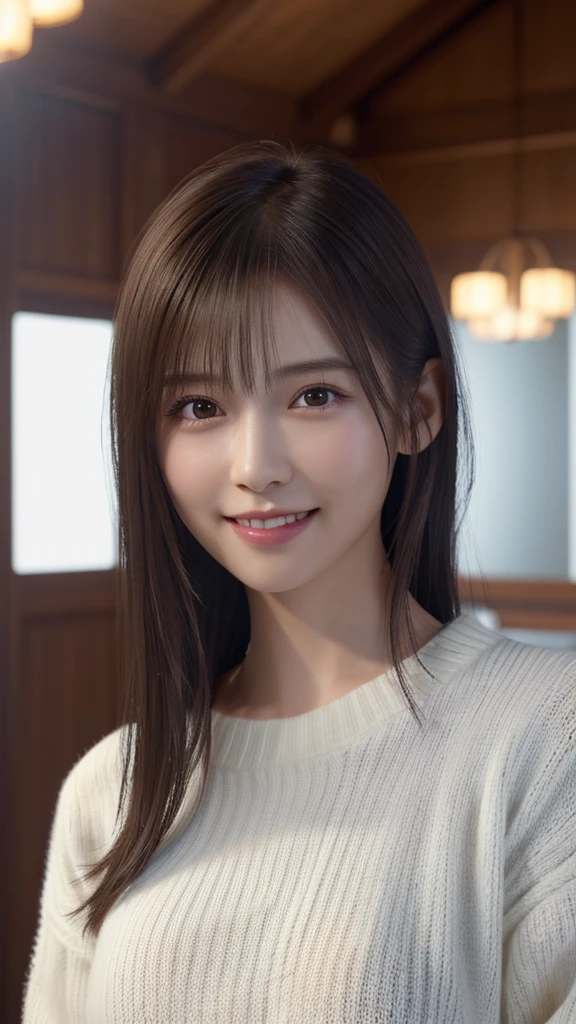 1 Japanese girl,(White sweater:1.4), (RAW Photos, highest quality), (Realistic, Realistic:1.4), Tabletop, Very delicate and beautiful, Very detailed, 8k wallpaper, wonderful, In detail, Very detailedなCG Unity, High resolution, Soft Light, Beautiful details 19 years old, Very detailedな目と顔, Beautiful and sophisticated nose, Beautiful details,Cinema Lighting,Perfect Anatomy,Slender body,smile (Asymmetrical bangs,)