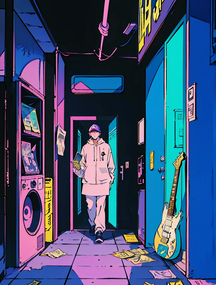 Photo of a man listening to music using headphones, Send a message why you, super detaill, Onda vintage, cyber punk, sad atmosphere, Bright light through the windows, night time scene, A room, 2d, (shot from afar), wide plan, (Film noise), ANTIQUE CARTOON, (Many records: 1.3), vinyl record store, (work of art, very high quality, very high quality, offcial art, beautiful and aesthetic: 1.2), (very detailled, (Fractal Art: 1.4 ), guitar, (banknotes: 1.4), (Hip-hop lo-fi), lateral view, Old anime textures, standing alone, Speakers, cyber punk, vinyl, natta. ultra wide entrance cena