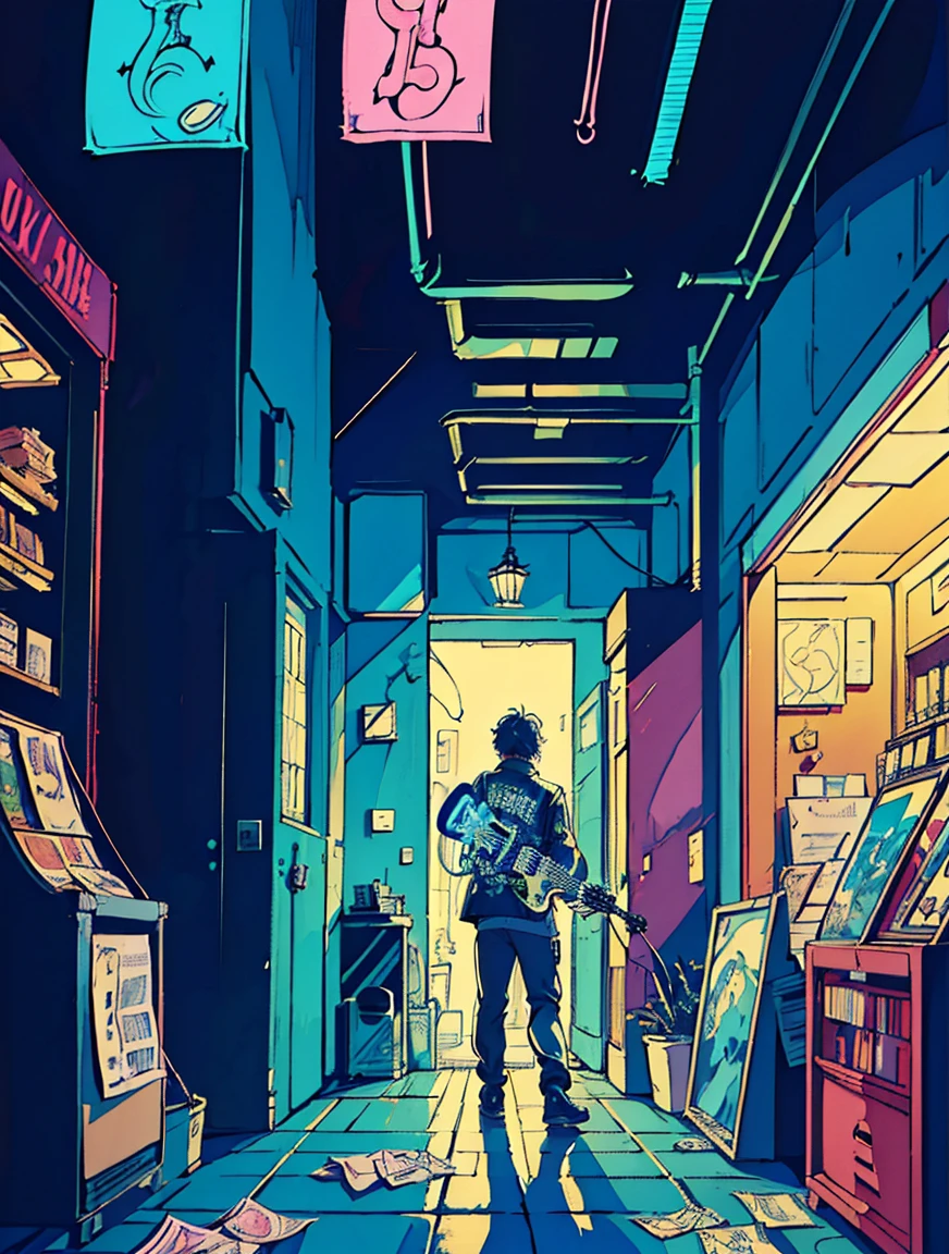Photo of a man listening to music using headphones, Send a message why you, super detaill, Onda vintage, cyber punk, sad atmosphere, Bright light through the windows, night time scene, A room, 2d, (shot from afar), wide plan, (Film noise), ANTIQUE CARTOON, (Many records: 1.3), vinyl record store, (work of art, very high quality, very high quality, offcial art, beautiful and aesthetic: 1.2), (very detailled, (Fractal Art: 1.4 ), guitar, (banknotes: 1.4), (Hip-hop lo-fi), lateral view, Old anime textures, standing alone, Speakers, cyber punk, vinyl, natta. ultra wide entrance cena