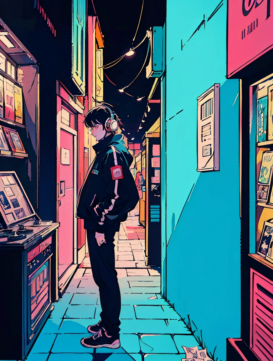 Photo of a man listening to music using headphones, Send a message why you, super detaill, Onda vintage, cyber punk, sad atmosphere, Bright light through the windows, night time scene, A room, 2d, (shot from afar), wide plan, (Film noise), ANTIQUE CARTOON, (Many records: 1.3), vinyl record store, (work of art, very high quality, very high quality, offcial art, beautiful and aesthetic: 1.2), (very detailled, (Fractal Art: 1.4 ), guitar, (banknotes: 1.4), (Hip-hop lo-fi), lateral view, Old anime textures, standing alone, Speakers, cyber punk, vinyl, natta. ultra wide entrance cena