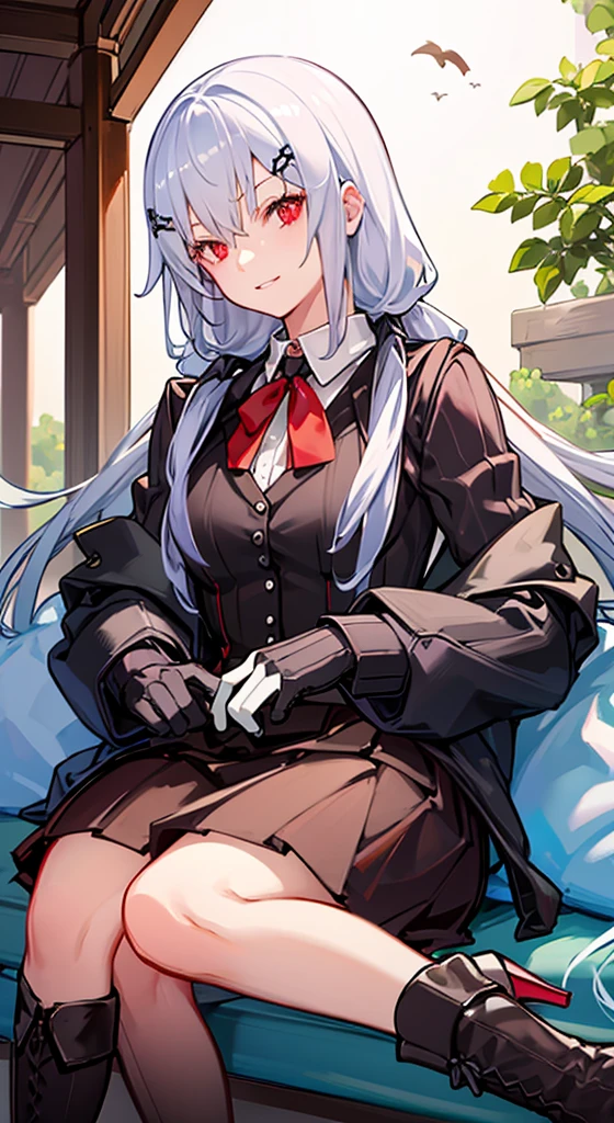Girl with long white hair, red eyes, sitting on a guy