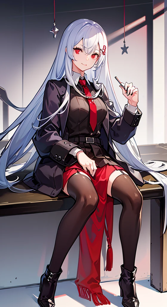 Girl with long white hair, red eyes, sitting on a guy