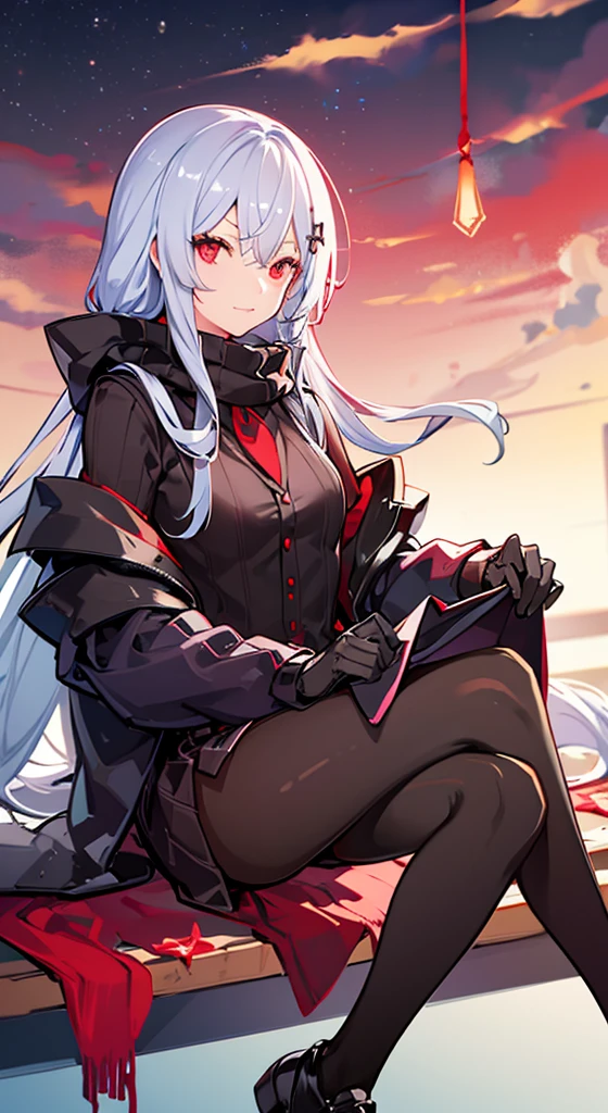 Girl with long white hair, red eyes, sitting on a guy