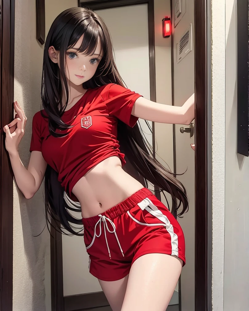 Long hair woman, short pant with red shirt, in door,