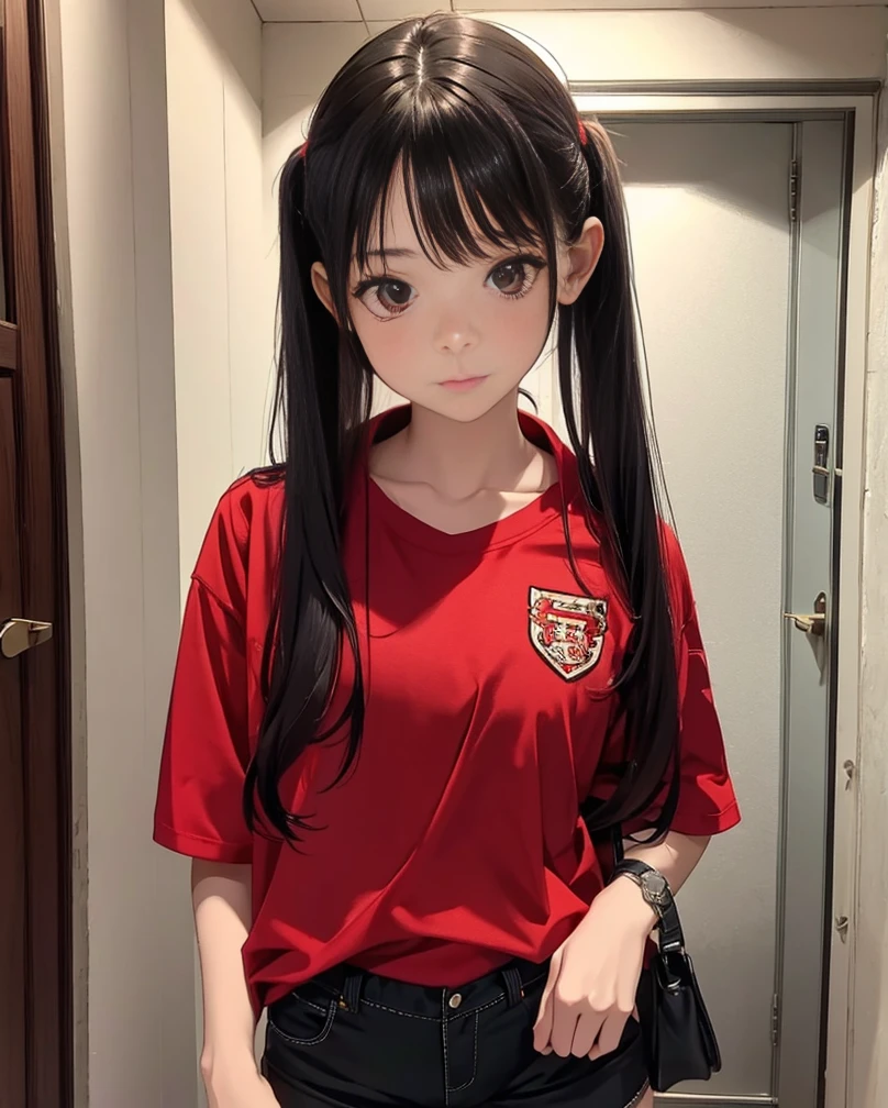 Long hair woman, short pant with red shirt, in door,