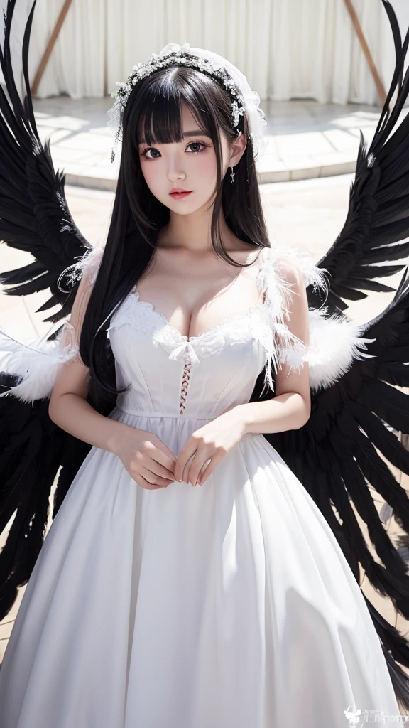 Lolita
,big_chest,Long black hair ,White dress, Wings with feathers