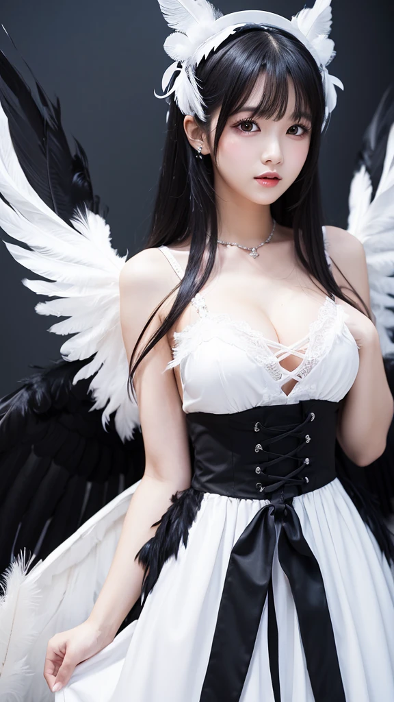 ta
,big_chest,Long black hair ,White dress, Wings with feathers