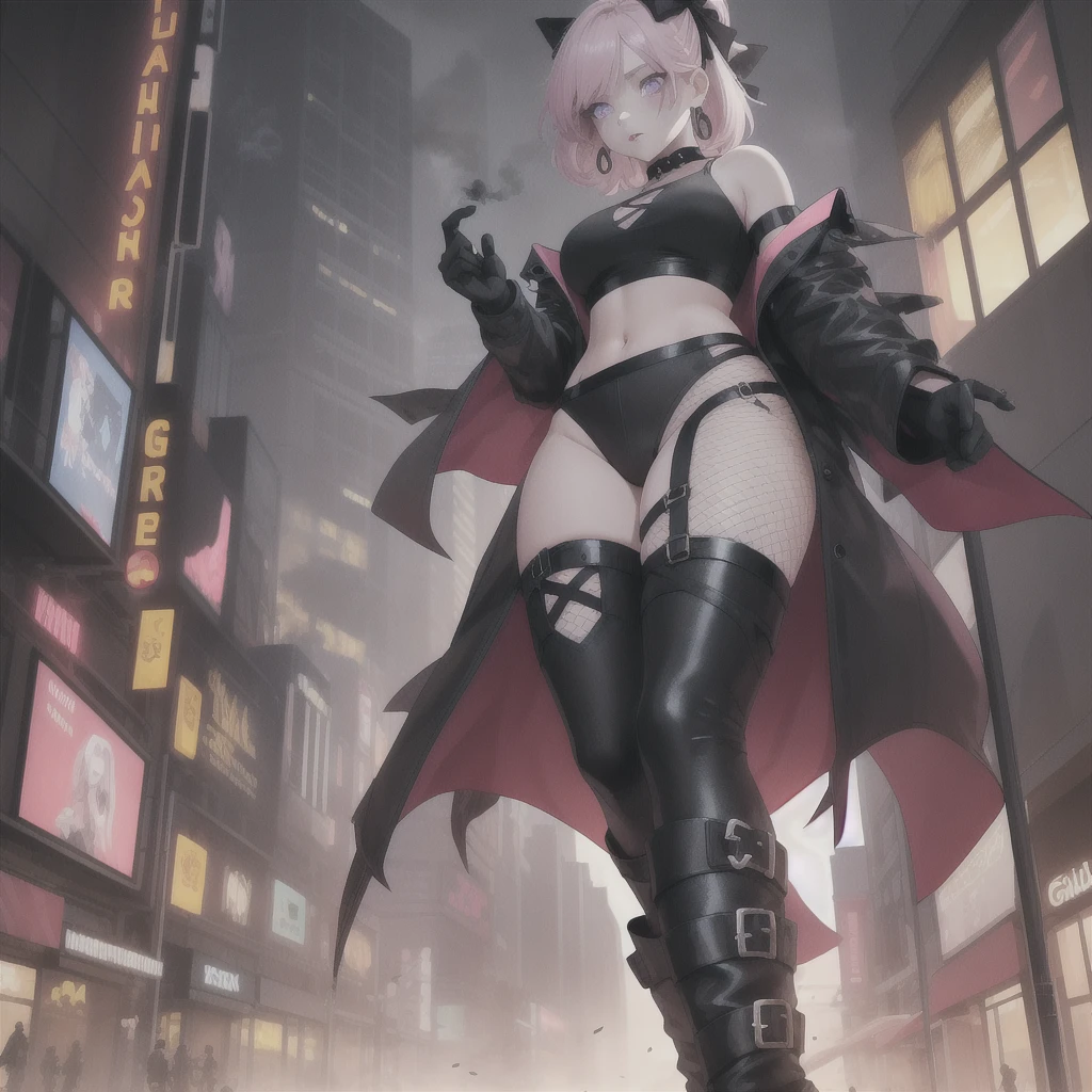 masterpiece, best quality, :/, pink hair, purple eyes, hair bow, scenery, outdoors, rampage, with tiny, tiny people, running away, scared, fire, smoke, red sky, ground view, from below, standing,goth,mall outfit,pentagram earrings,black lipstick,obscured by fog,face obscured, pinkplatform boots,fingreless gloves,hotopic outfit,secenmo hair style,cute but scary,mature lady,big bosom,black and white hair bow,goth gal,pink boots,chocker,GtsGiga, giantess art,fishnets,Gtscity,cityscape, black crop top ,solo one girl,visible midriff, lip pricing,tower over the city