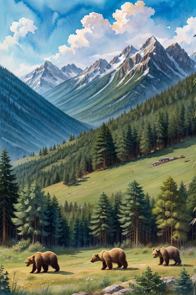 3 friendly bears, a big bear, a medium bear, a small bear, with beautiful fur, watercolor painting style, driving a 2011 honda fit, mountains and clouds, birds flying in the sky, trees and mountains