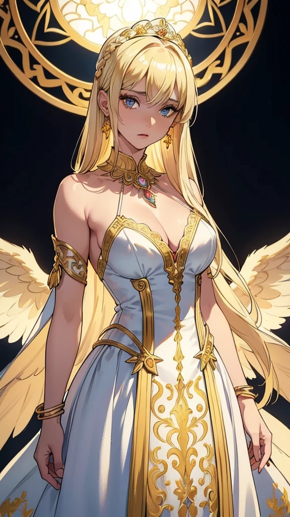 (masterpiece), perfect anatomy, intricate, (highly detailed), masterpiece, photorealistic, perfect anatomy, cinematic lighting, shading, super detailed skin, beautiful detailed eyes, best quality, ultra-detailed, (illustration), ultra-detailed, looking at viewer, (extremely delicate eyes:1.3), majestic dress, angel wings, (flowing silk fabric in vibrant colours), (extremely gorgeous jewelry:1.1), (extremely detailed dress, ornaments_earrings:1.1), (extremely detailed necklace:1.1), bracelet, (white and golden dress, Embroidery:1.3), (blonde hair:1.3), (long hair), (extremely detailed dress design), fantasy theme, dynamic pose, vibrant colour, shadow, contrast, refraction, perspective, depth, good anatomy, stunning details, divine background