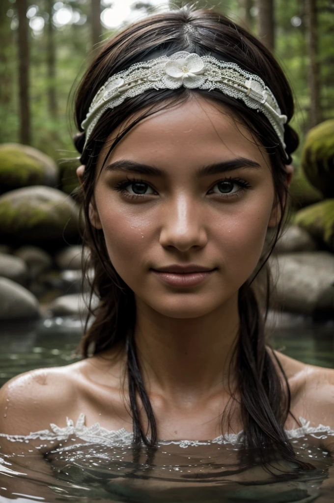 Best Quality, Masterpiece, super high resolution, A super model submerged in hot springs in Japan., outdoor hot springs, stone hot springs, surrounded by moss and trees, super beautiful face, pure body, clear pores visible, (SMILE:0.8), using division (lace headband:1.2), (realism:1.5), Photo original, soaked body, covered in sweat, bare shoulders, in the dark, deep shadows, low key, cold light