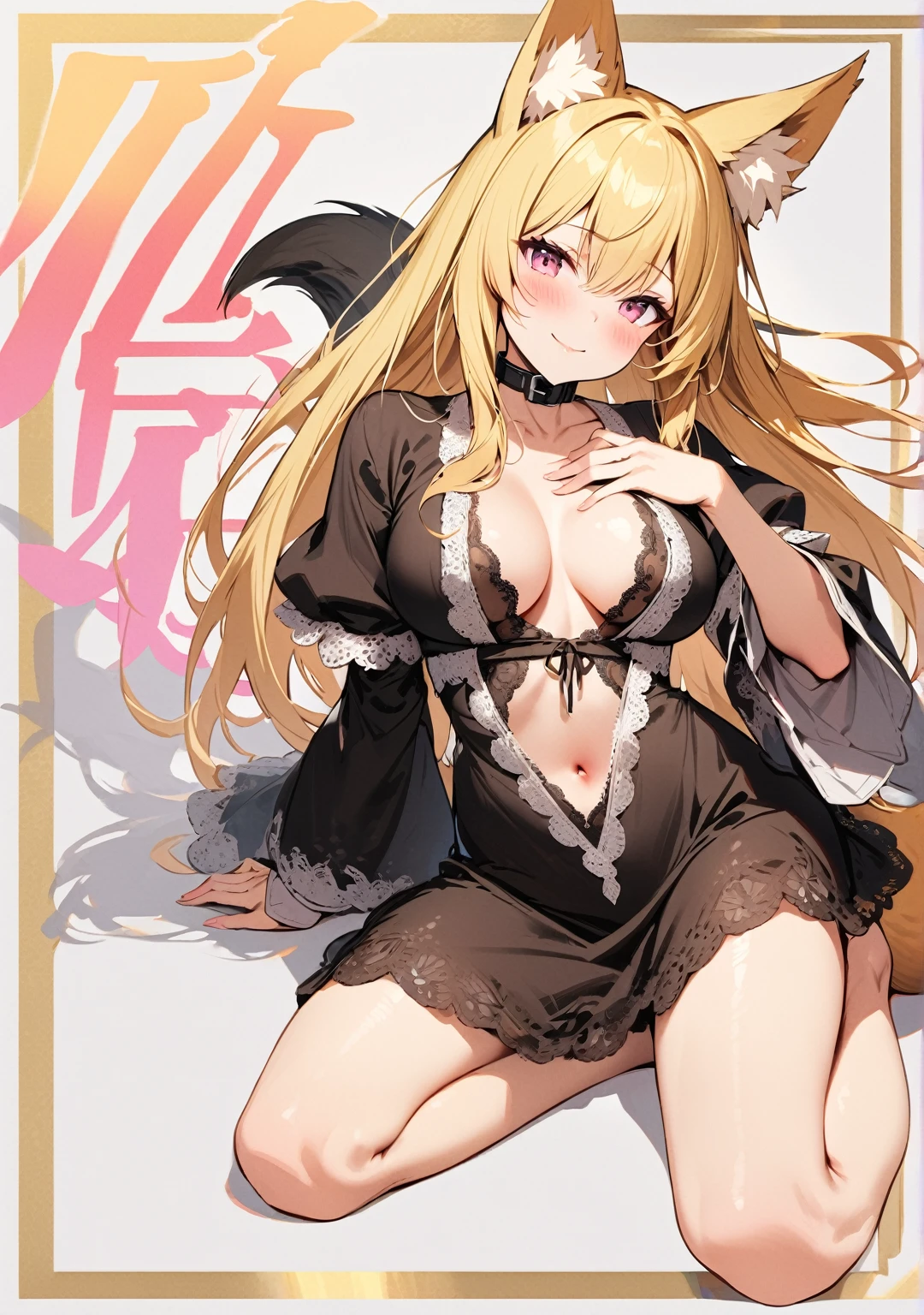 masterpiece, best quality, 1girl, solo, breasts, animal-ears, blonde-hair, looking-at-viewer, navel, collar, dress, smile, barefoot, center-opening, fox-ears, sitting, bangs, long-sleeves, hair-between-eyes, hand-on-own-chest, pink-eyes, blush, black-dress, closed-mouth, no-panties, head-tilt, wide-sleeves, cleavage, collarbone, tail, (large-breasts), simple-background, bare-legs, yokozuwari, puffy-sleeves, lace-trimmed-dress, lace-trim, very-long-hair, lace, breasts-apart, animal-ear-fluff, no-bra, bare-shoulders, thighs, black-collar, fox-girl, groin
