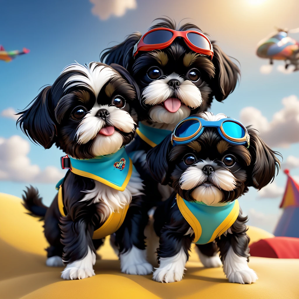 2 adorable small black shih tzu puppies, wearing bright bandannas and goggles, skydiving, disney background, 3d cartoon, 3d render, disney pixar style, hyperrealistic, 8k, highly detailed, vibrant colors, cute, playful, fluffy fur, adorable facial expressions, dynamic poses, photorealistic, studio lighting, flawless textures, cinematic composition, masterpiece