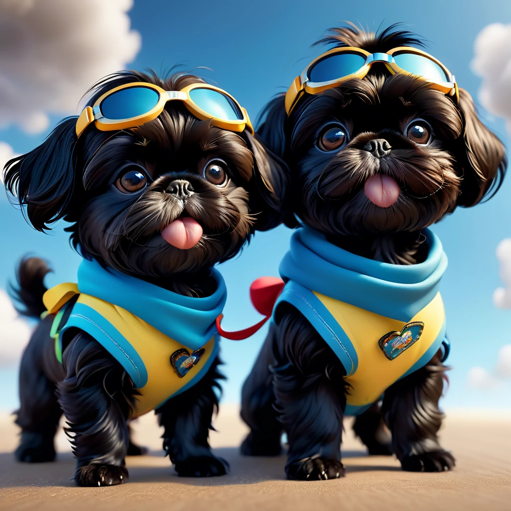 2 adorable small black shih tzu puppies, wearing bright bandannas and goggles, skydiving, disney background, 3d cartoon, 3d render, disney pixar style, hyperrealistic, 8k, highly detailed, vibrant colors, cute, playful, fluffy fur, adorable facial expressions, dynamic poses, photorealistic, studio lighting, flawless textures, cinematic composition, masterpiece