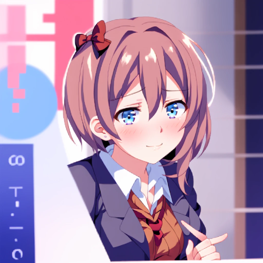 one girl, Sayori, DDLC, school blazer, hair bow, close to girl, light blue eyes, beautiful, index finders together, ashamed, blush, upward glance, dry smile, index finders, shifty eyes