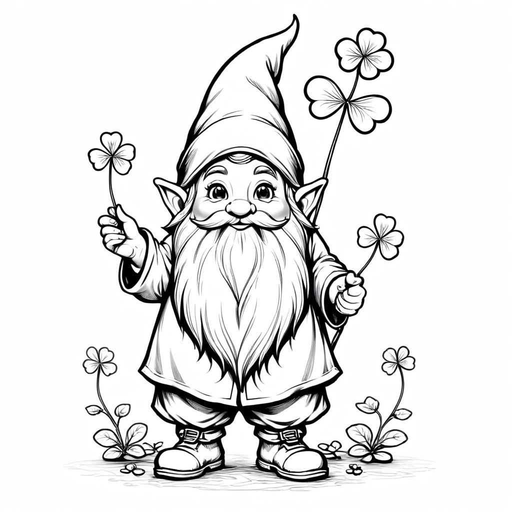 thin line drawing of gnome with a clover in hand, with the whole body