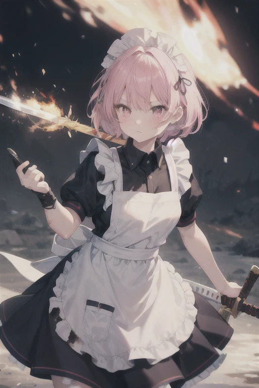 (Ultra-high resolution:1.4)(super high quality:1.4)(detailed)(Attention to detail)
One girl, cute, White skin, Pink Hair, Pink Eyes, Classic maid outfit, Normal collar, Leading the way, Sword and Magic, Burning Battlefield, Intense Combat, Fighting with a two-handed sword, A strong enemy in front of me, There are scratches or stains, whole body, (Battle-torn clothes), (Torn Skirt), (Torn Apron), Battle-stained clothes, mud, Shabby,