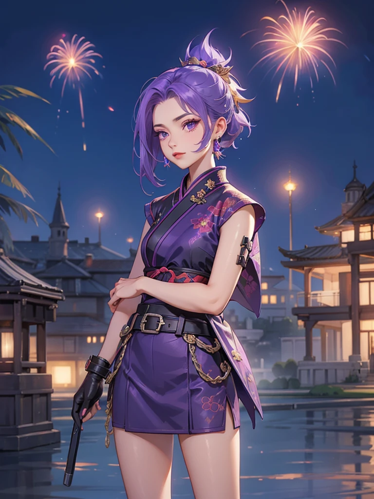 Ixia mobile legends kimono night fire work , purple hair, short hair